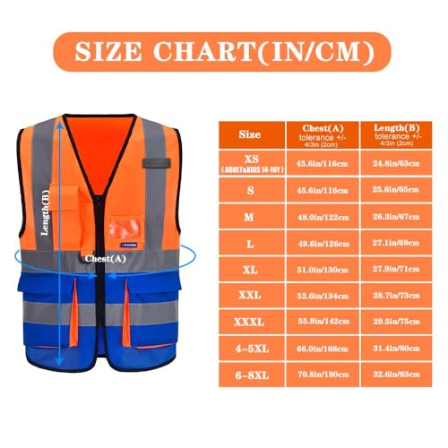 Image of Hi-Vis Reflective Vest, Radio Loop, Front Zipper, Orange /Blue, XL | Orange /Blue XL fabric work vest with 7 pockets, clear ID pocket and radio mic loop for heavy equipment; unisex workwear.