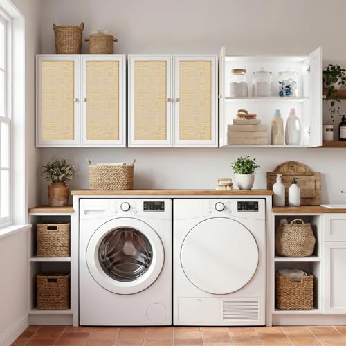 Image of Rattan Wall Cabinets for Laundry Room, Upper Cabinets Wall Mounted with Adjustable Shelves, Wall Cabinet for Kitchen, Bathroom, Bedroom, White, Set of 3