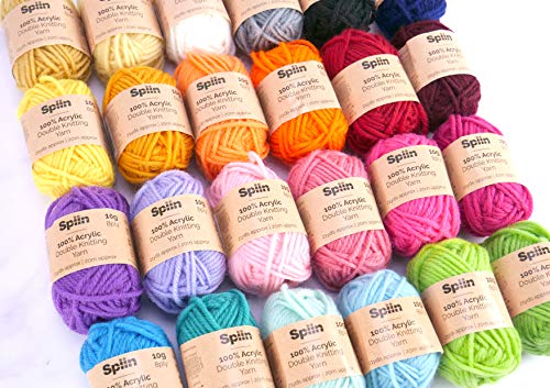 Spiin Premium Yarns-24x10g Skeins Pack (Approx 480 Metres) -Super Soft-Vegan-DK 8ply -Includes Hooks, Crochet, Knitting and Kids Craft, Acrylic, Multicolour, 10g Value Yarn Set