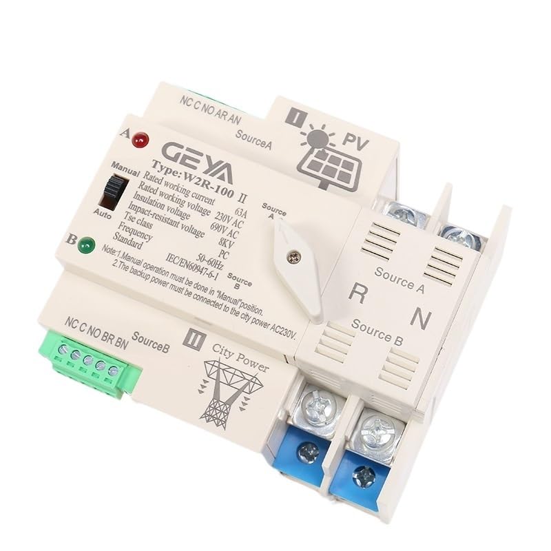 Magnetotermico 16a Interruptor de transferencia automática de energía solar 2P 3P 4P 63A AC220V ATS Sistema fotovoltaico de energía a la ciudad Magnetotermico (Color : 2P 100A, Size : PV 110V)