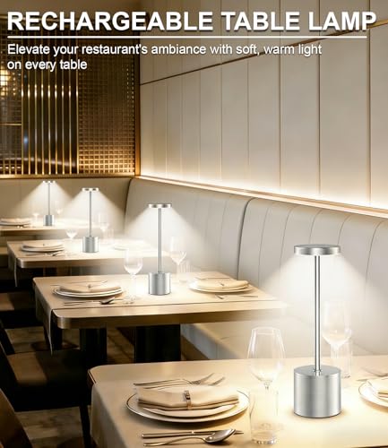 Image of Silver Cordless Table Lamp Rechargeable - 2 Pack 5000mAH Battery Operated Lamp for Counter, 3 Color Stepless Dimming Waterproof LED Wireless Lamp for Dining Kitchen, Outdoor Patio, Touch Control