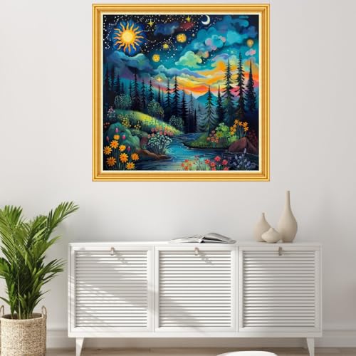 Image of Joyhoor Stamped Cross Stitch Kits for Beginners Needlepoint Kits for Adults Embroidery Kits 11CT Counted Cross Stitch Kits Printed Embroidery Pattern-Forest Night View 18x18 inch
