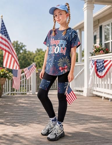 Image of Girls 2 Piece Outfits Kids Clothes Pants Sets Print Short Sleeve Top Leggings Spring Summer Tracksuit 4-13Y