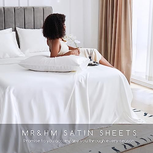 Image of MR&HM Satin Bed Sheets, Queen Size Sheets Set, 4 Pcs Silky Bedding Set with 15 Inches Deep Pocket for Mattress (Queen, White)