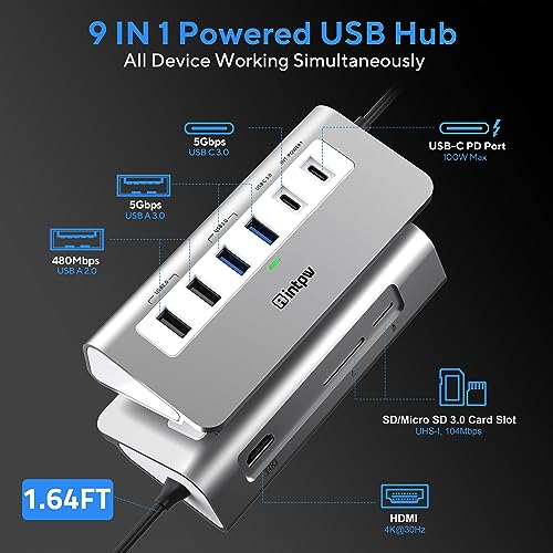 Intpw USB C Hub, 9-IN-1 USB C Hub Multiport Adapter with 4K HDMI, PD 100W, Type C and 2 Type A 3.0 5Gbps, 2 Type A 2.0 - Image 3