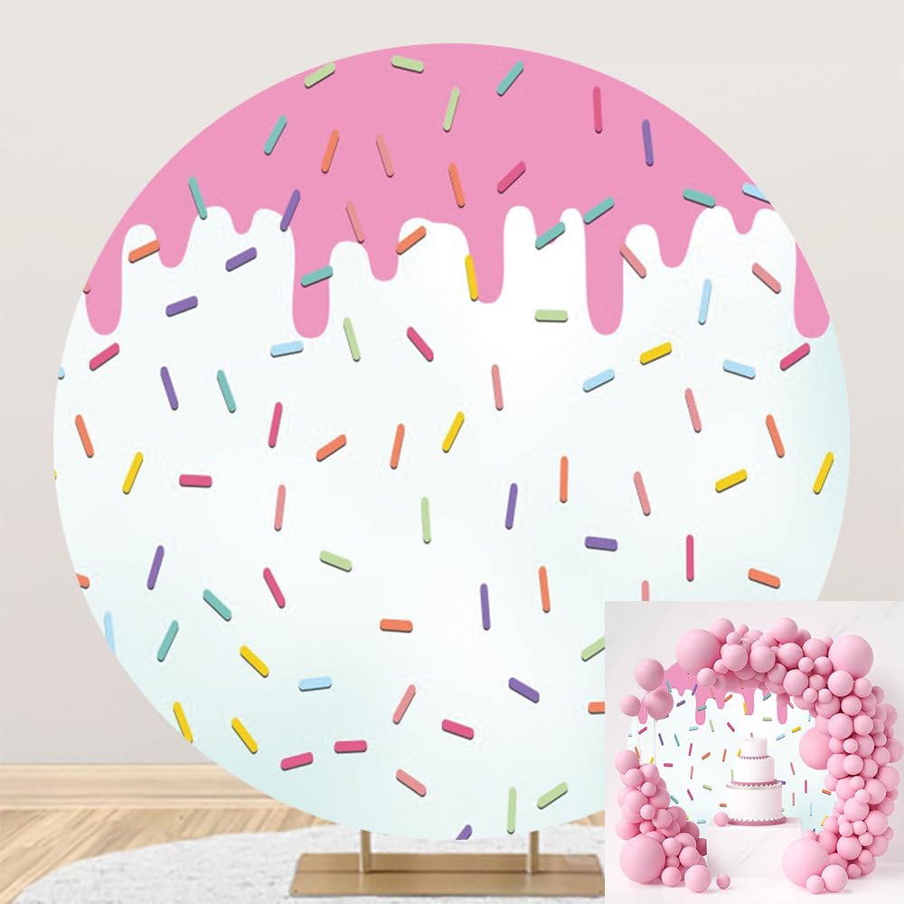 TTQYFNM 7.5x7.5ft Sweet Donut Round Backdrop Cover Polyester Colorful Confetti Pink Dripping Donut Grow Up Photography Background for Newborn Girls