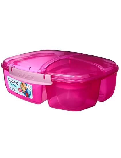 Sistema Lunch Collection Triple Split Lunch Box with Yogurt Pot Food Storage Container, 67.6 oz, Pink
