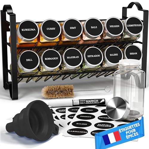 Deco haus® Etagere avec Boite a Epices Lot de 12 avec Étiquettes d'épices Françaises - Rangement Epices Cuisine placard - Etagere Rangement et Organisation...