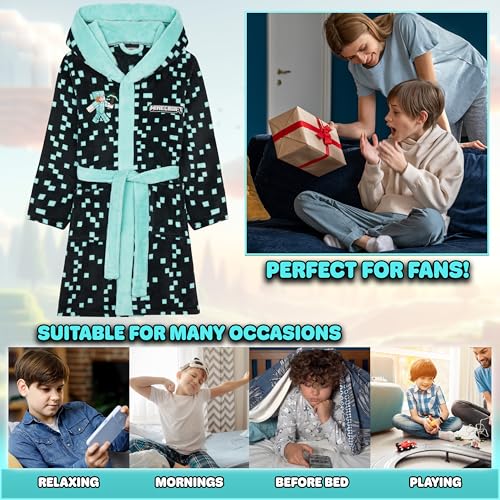 Minecraft Bademantel Kinder Jungen Weicher Fleece Morgenmantel mit Kapuze Badeponcho Creeper Gamer Geschenke für Jungs (9-10 Jahre, Anthrazit)