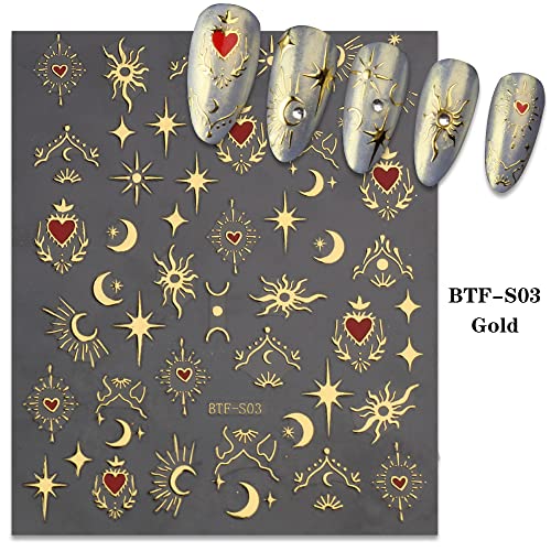3 Sheets Nail Art Stickers Decals Gold Sun Moon Star Stripe Line Nail Decals Self-Adhesive Heart Nail Art Supplies For Nail Diy Decoration 3D Adhesive Nail Accessories For Women French Nail Design #TOP2