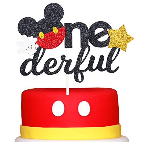 Glitter Mouse Theme Onederful First Birthday Cake Topper- Mouse One Birthday Cake Topper Decor Boy Party Supplies