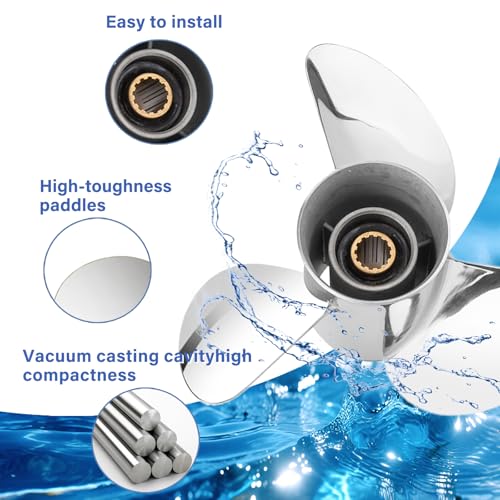 Image of 10.25 x 14 /15 /16-G Polished /Black Stainless Steel Boat Outboard Propeller for Yamaha Engines 40-60,13 Spline tooth,Rh,Semi cleaver style as original ybs prop; Fit havoc duck boat, Hunting or fishing