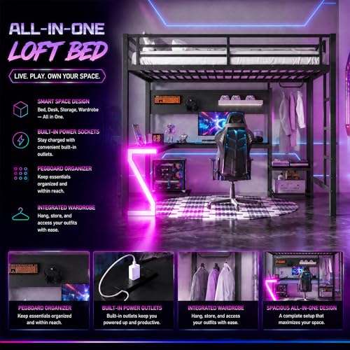Image of Bellemave Queen Size Metal Loft Bed with L-Shaped Desk, Z-Shaped LED Lights & Charging Station, Heavy Duty Loft Bed Frame with Hanging Rod for Kids, Teens & Adults, Space Saving,Black