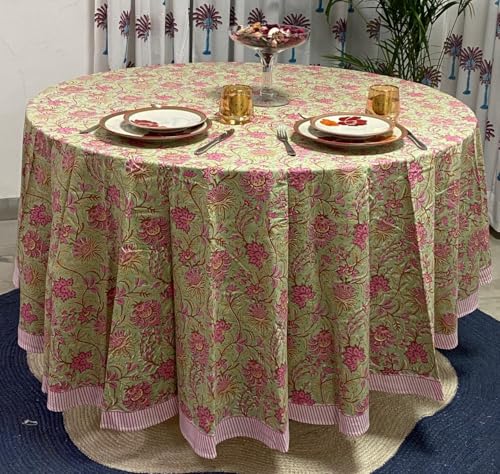 Ridhi Hand Block Print Round Tablecloth Pickle Green 120 Inch 100% Cotton