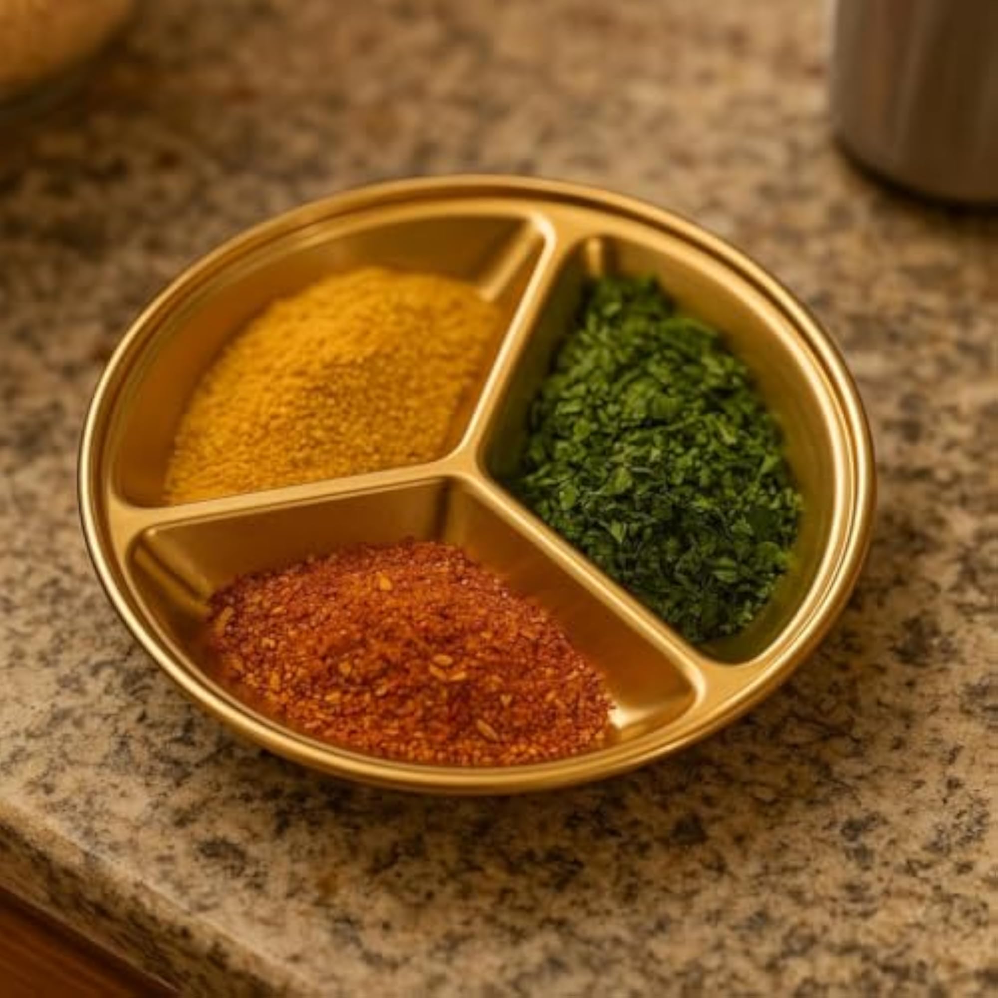 Golden Stainless Steel 3 Compartment Sauce Dish