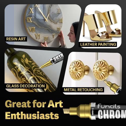 Funcils Chrome Gold Paint Pen - 4 Gold Paint Markers (1mm, 3mm, 5mm, 10mm) | Permanent, Reflective, Mirror Effect, Metallic Markers for Metal, Glass, Resin Art, DIY Crafts, Leaf - Oil based Marker - Image 7