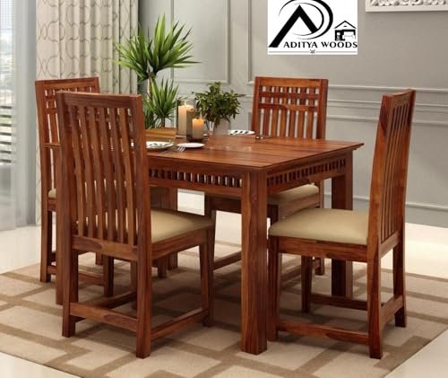 Image of AADITYA WOODS Solid Sheesham Wood 4 Seater Dining Table Set with Chairs for Living Room Home Wooden Dining Table Set for Office Restaurant Modern Dining Room Set-45x30x30inch