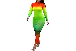 SAMACHICA Women's Long Sleeve Color Gradient See Through Sheer Mesh Jamaican Cover up Maxi Dress