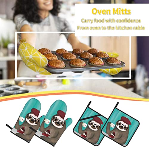 Yiftd Oven Mitts And Pot Holders Sets Of 4 Cute Sloth Washable Kitchen Gloves Waterproof Oven Gloves And Hot Pads For Baking Cooking Grilling Bbq #TOP5