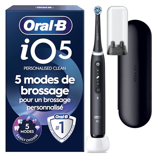 Oral-B Brosse A Dents Electrique iO 5 Noire, 5 Modes De Brossage Dont Blancheur, Capteur De Pression Sur Les Gencives, Brossettes De Rechange Oral B, Etui De Voyage