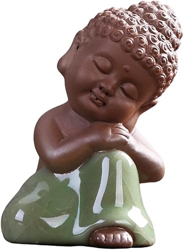Miniatura 8 de Kingzhuo Estatua de monje de cerámica pequeña y linda estatua de Buda para bebé, decoración del hogar, decoración zen, figura de rulai pacífica (E)