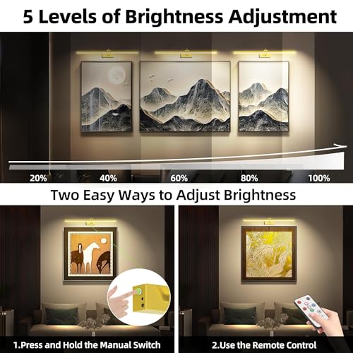 Image of 4 Pack Picture Lights for Wall, 23in Art Lighting for Paintings Cordless, 6400mAh Rechargeable Battery Operated Picture Light with Remote Dimmable and Timer for Artwork, Gallery, Display, Gold