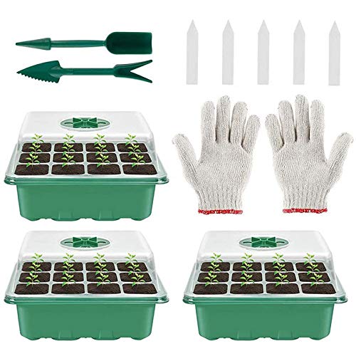 Heflashor Juego de 3 bandejas de semillas, bandeja de semillero de 12 agujeros para plantación de plantas de semillas, bandeja de germinación de invernadero (3 unidades, verde) Cover