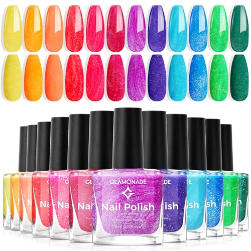 Glamonade Shimmer Nail Polish Set: 12 Colors Sparkle Glitter Summer Bright Rainbow 8+day Long Lasting Fingernail Polish kit Air Quick Dry Home DIY Manicure Gifts for Women Girls