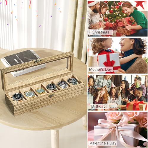 SRIWATANA Watch Box Case Organizer Display for Men Women, 6 Slot Wood Box with Glass Top, Gift for Loved Ones, Carbonized Black
