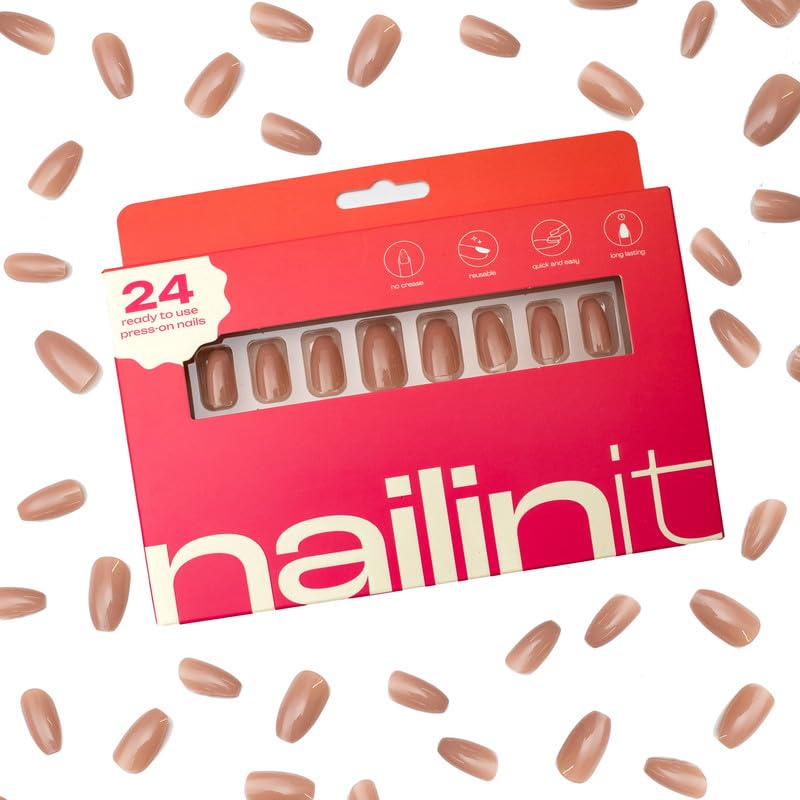Image of Stick-On Nails | 24 Reusable Press-On Nails with Easy Glue Tabs | Warm Nude Brown Finish | Quick & Durable DIY Manicure | Unbreakable & Comfortable False Nails Set | Hot Cocoa