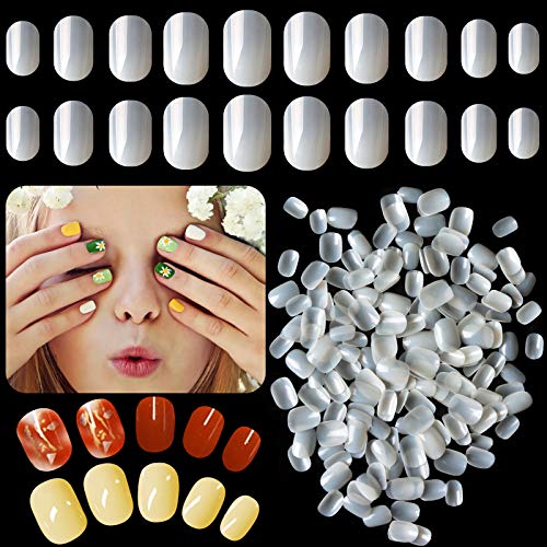EBANKU 600 Pieces Kids False Nails Natural Acrylic Nail Tips, 10 Sizes Full Cover False Artificial Nails for Kids Little Girls Short Artificial Fingernail Decoration(White)