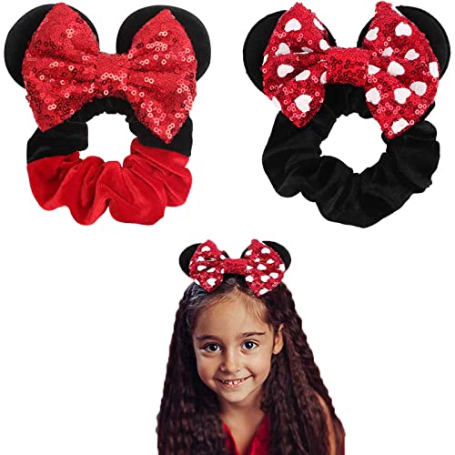WYLIMG 2 Pack Mouse Ear Velvet Scrunchies Sparkle Sequins Bow Scrunchies for Kids Teen Women Mouse Hair Bands for Pony Tail - Red Black