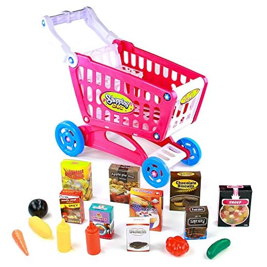 Fajiabao Shopping Cart with Wheels Pretend Play Food Kitchen Grocery Toys Plastic Pink Trolley Supermarket Playset Birthday Gifts for Kids Toddlers Boys Girls 3 4 5 6 Years Old