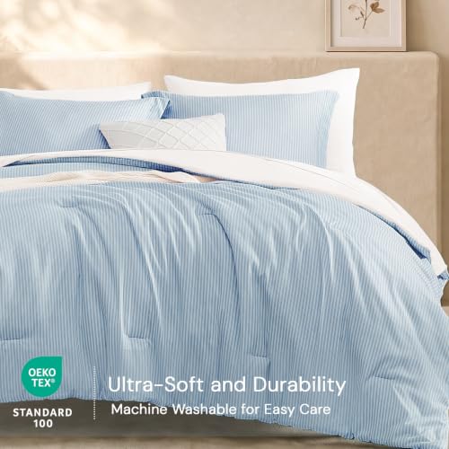 Image of Monbix King Size Comforter Set-7 Pieces Soft Bed in a Bag King Bedding Set | Blue Vertical Ticking Stripe Lightweight All Season Comforter with Sheets, Pillowcases & Shams