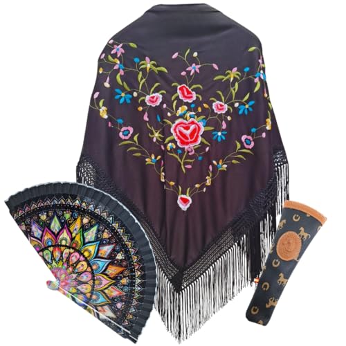 Planta Color Mantón con Bordado de Flores, Abanico de Madera y Funda Artesanal Para el Abanico- Elegancia y Tradición Española para Fiestas y Eventos (Negro Mandala)