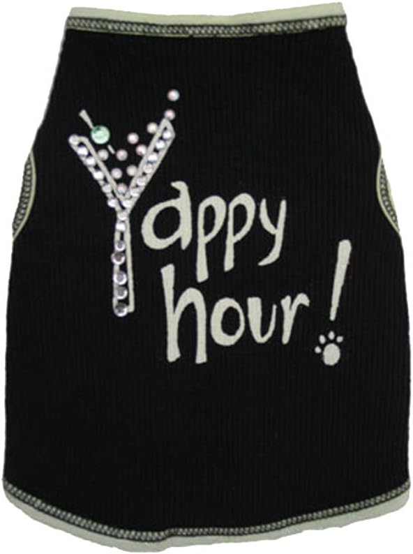 I See Spot's Dog Pet Cotton T-Shirt Tank, Yappy Hour with Rhinestone Martini Glass, Black, Medium, Black
