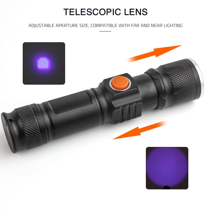 Image of GlowBase Aluminum Alloy Metal Rechargeable Telescoping Zoom LED Ultraviolet Torch with 395 NM, Black Light UV for Dog Urine Detection, Fluorescent Detection, and Resin Curing