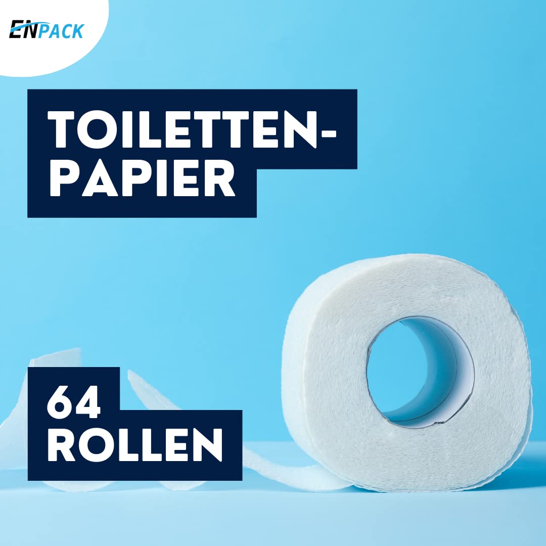 Enpack Toilettenpapier 64 Rollen, 150 Blatt pro Rolle - WC Papier 3-lagig Großpackung - 8x8 Rollen Klopapier passend für Klopapierhalter - toilet paper - Camping Toilettenpapier - weiche Abwischtücher