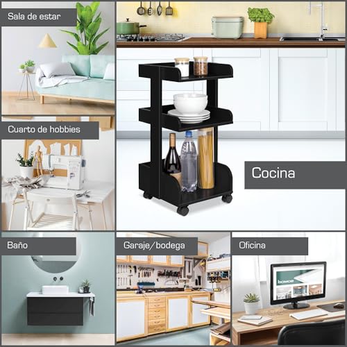 Miniatura 9 de Bomoe Carro De Cocina Con 4 Ruedas Bloqueables Y 3 Estantes Bosse - Madera Fsc Carro Para Servir Carro Para Manualidades Mesa Mueble Auxiliar Cocina 32x35x69cm Negro