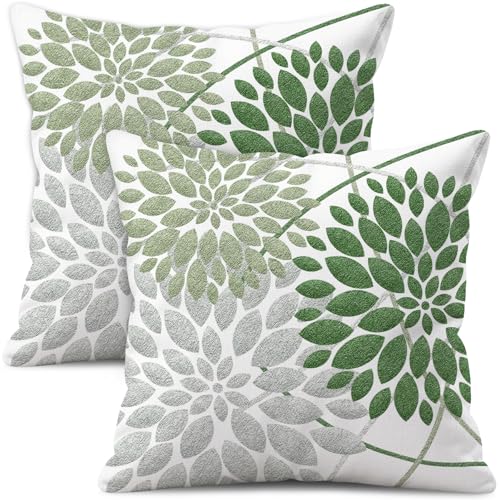 WitHero Decorative Throw Pillow Covers Set of 2, Double-Sided 18x18 inch White Linen Green Silver Grey Pillow Cases, Farmhouse Indoor Outdoor Modern Floral Dahlia Flowers Cushion Cover for Couch Sofa