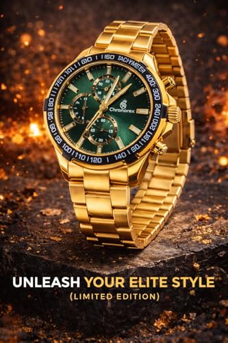 Image of Men's Gold Chronograph Watch with Green Dial | Stainless Steel Strap | Tachymeter Sports Watch
