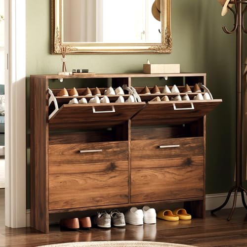 LEADZM Meuble à Chaussures 4 Portes Étroit, Étagère à Chaussures, Séparateur Réglable, pour Entrée, Salon, Chambre, 106,5 x 24 x 90 cm (Noyer)