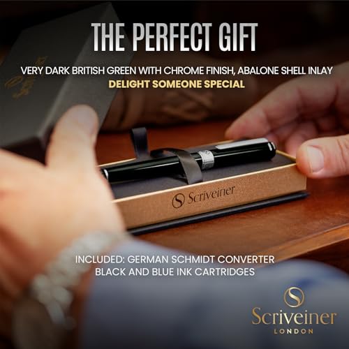 Image of Scriveiner Black Green Fountain Pen - Stunning Luxury Pen with Chrome Finish, Schmidt Nib (Fine), Best Pen Gift Set for Men & Women, Professional, Executive, Office, Nice Pens