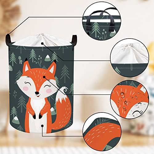 Clastyle 45L Red Smile Foxes Kids Nursery Laundry Hamper Collapsible Round Tree Toys Clothes Storage Basket for Bedroom, 14.2x17.7 in