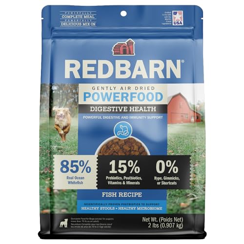 Redbarn Powerfood Air Dried Dog Food for Digestive Gut Health - 85% Real Ocean Whitefish with Prebiotics & Postbiotics - Non-GMO Dry Full Feed or Topper Made in USA - 2lb