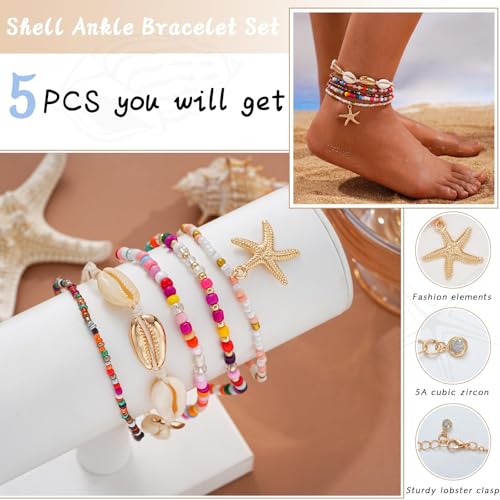 Image of Boho Shell Ankle Bracelet Set for Women, 5 Pairs 14K Boho Bead Handmade Adjustable Anklet, Hawaiian Beach Seashell Starfish Foot Jewelry Gifts