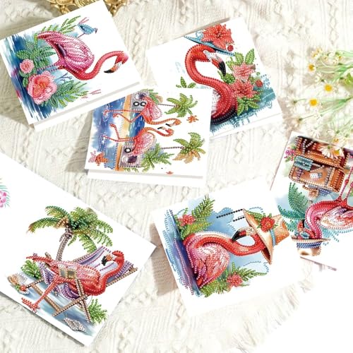 Image of AiYuanzsh 6 Pack Diamond Painting Greeting Card Kits Flamingo Summer Designs, DIY 5D Diamond Art Greeting Cards with Envelopes for Birthday, Thanksgiving, Holiday Wishes and Handmade Gifts