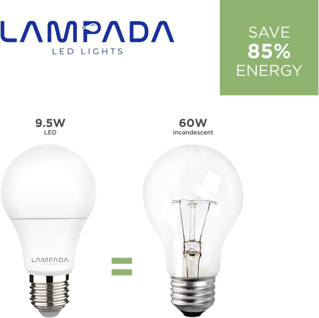 Lampada Non Dimmable LED A19 Light Bulb, 60W Equivalent, 5000K Daylight White, 15,000 Hour Lifetime 800 Lumens, E26 Medium Base, 9W Consumption, Pack of 10