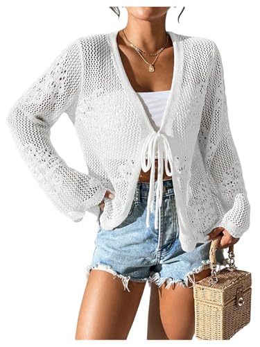 Milumia Women's Hollow Out Long Sleeve Crochet Cardigan Tie Front Knitted Sweater Tops