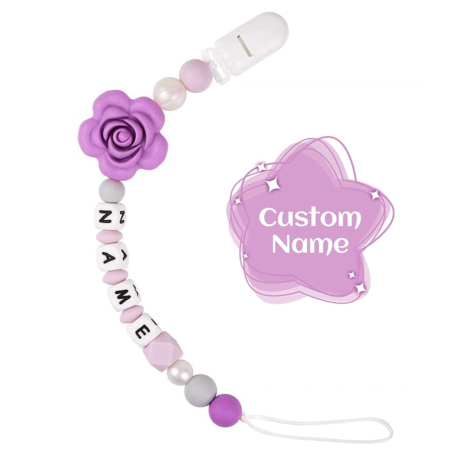 Personalized Pacifier Clip with Name for Baby, Customized Pacifier Clip Fits All Pacifiers, Purple Rose